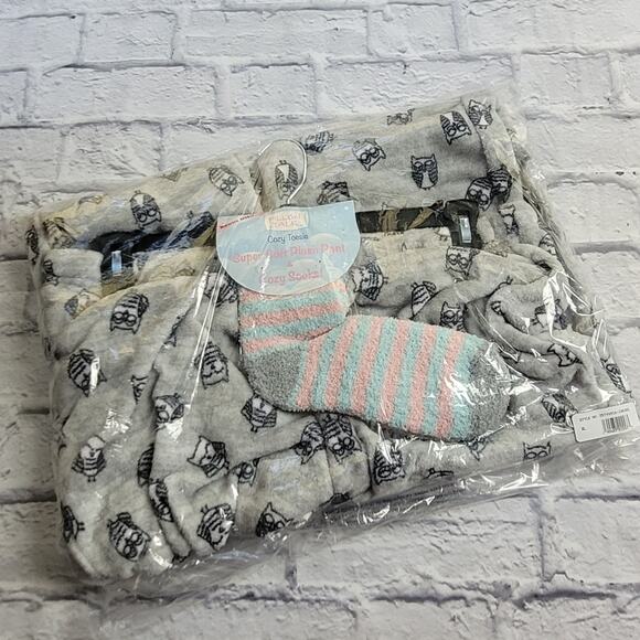 NWT Rene Rofe Pillow Talk Cozy Toesie Plush Owl Lounge Pants w Striped Socks XL - Picture 2 of 9
